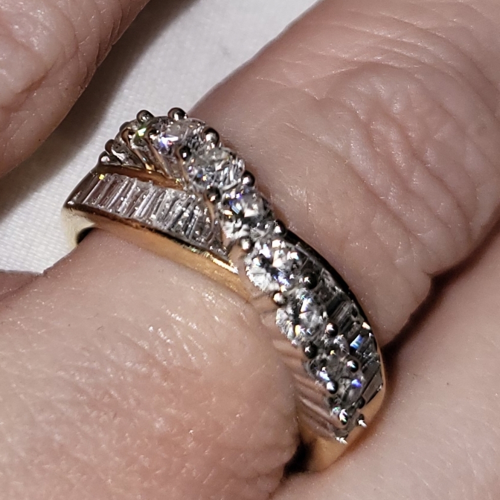 Ladies 14k Yellow & White Gold 1.5 CTW Round & Baguette diamonds crossover ring